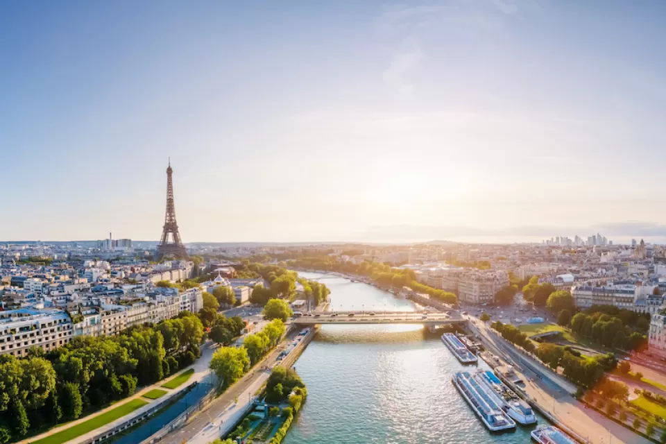 Aerial view of the River Seine and the Eiffel Tower in Paris, France